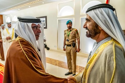 Salman bin Hamad Al Khalifa, Bahrain's Crown Prince and Prime Minister, receiving Sheikh Mohammed bin Rashid, Vice President and Ruler of Dubai, in Manama. AFP