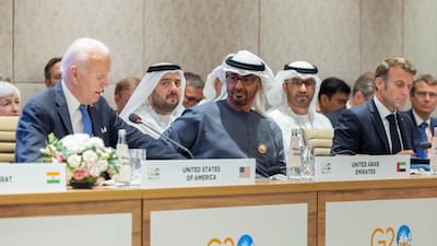 US President Joe Biden, UAE President Sheikh Mohamed and French President Emmanuel Macron attend a meeting on the sidelines of the G20 summit in New Delhi. Ryan Carter / UAE Presidential Court