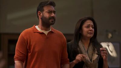 Kabir (Ajay Devgn) and his wife Neha (Jyothika) find their home invaded in the 2024 Bollywood movie 'Shaitaan', Photo: Tipping Point Films