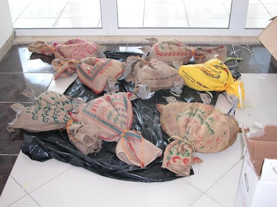 A dozen birds were found wrapped in plastic and hidden in tyres. They are used as prey for the falconry industry. Courtesy International Fund for Houbara Conservation