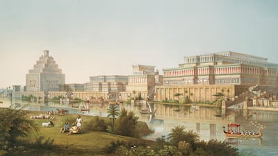 Who would not want to visit? An impression of Nineveh in its heyday, with palaces along the River Tigris and the city's monumental ziggurat in the distance. Courtesy British Museum