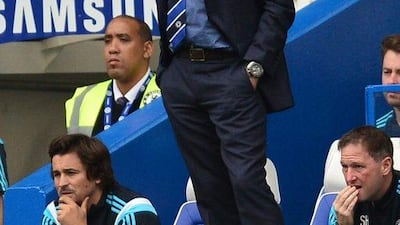 Chelsea's Portuguese manager Jose Mourinho observes from the touchline on Saturday during his side's Premier League victory over Aston Villa at Stamford Bridge. Carl Court / AFP / September 27, 2014