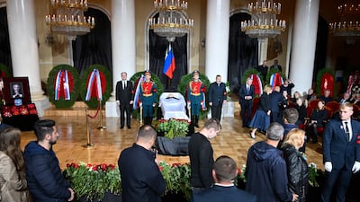 Mourners attend a memorial service for Mikhail Gorbachev, the last leader of the Soviet Union, at the Hall of Columns in Moscow on Saturday. AFP