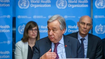 UN Secretary-General Antonio Guterres speaks during an update on the situation regarding the Covid-19 at the World Health Organization (WHO) headquarters in Geneva, Switzerland. AP