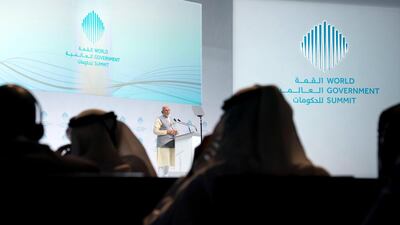 Narendra Modi, Prime Minister of India, delivers a speech during the 2018 World Government Summit. Ryan Carter / Crown Prince Court - Abu Dhabi ---