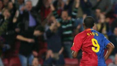 Barcelona's Samuel Eto'o celebrates his goal during the La Liga match against Almeria.