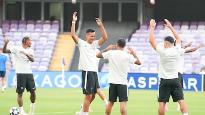Players of the Al Ain football club during the training at the Hazza bin Zayed Stadium in Al Ain. Pawan Singh for The National