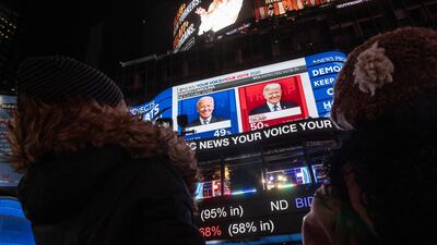 North Carolina election results for the 2020 US presidential election displayed on a monitor in the Times Square neighbourhood of New York. Bloomberg