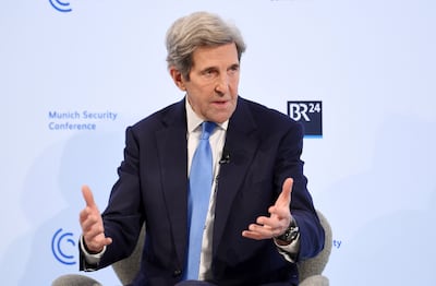 John Kerry, U. S. special envoy for climate, speaks at the 58th Munich Security Conference in Munich, Germany, Friday, Feb. 18, 2022. The Security Conference will take place from Feb. 18 to 20, 2022, at the Hotel Bayerischer Hof. (Tobias Hase / dpa via AP)