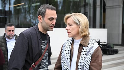 Khalid Abdalla and Juliet Stevenson, stars of the stage and screen, joined Palestine Coalition members in handing a letter to London police, calling for a Nakba Day march to be allowed. Getty Images
