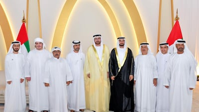 Mohammed Al Gergawi, Minister of Cabinet Affairs and the Future, and his son Saeed welcome guests to the wedding reception. Wam