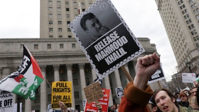Protesters outside a hearing on the detention of Columbia University graduate student Mahmoud Khalil in New York on Wednesday. Reuters