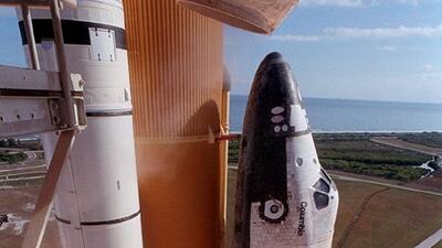 16 January 2003: Close-up of the launch of Columbia as it takes off on it's fateful last mission. The seven Columbia astronauts perished when the space shuttle orbiter disintegrated on re-entering earth's atmosphere 01 February 2003 sixteen minutes before???
