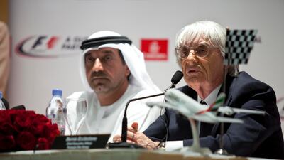 Sheikh Ahmed and Bernie Ecclestone, then chief executive of the Formula One Group announce a five-year sponsorship agreement starting in the 2013 racing season. Razan Alzayani / The National