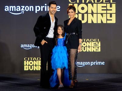 Varun Dhawan and Samantha with young actress Kashvi Majmundar, who plays their on-screen daughter. Photo: Prime Video