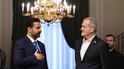 Iraqi Prime Minister Ali Al Zaidi, left, and Iranian President Masoud Pezeshkian sign co-operation agreements in Tehran. Iranian Presidential Office / EPA