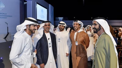 Sheikh Mohammed bin Rashid, Vice President and Ruler of Dubai, shares a light moment with Sheikh Mansour bin Zayed, Deputy Prime Minister and Minister for Presidential Affairs, Sheikh Saif bin Zayed, Deputy Prime Minister and Minister of Interior, Sheikh Hamdan bin Mohammed, Crown Prince of Dubai, and Sheikh Maktoum bin Mohammed, Deputy Ruler of Dubai, at the World Government Summit on Monday. Wam