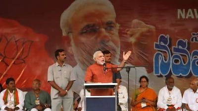 India’s main opposition Bharatiya Janata Party (BJP) leader and Gujarat state chief minister Narendra Modi addresses a rally in Hyderabad.