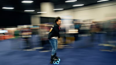 Atmos Gear's inline electric skates have a remote control to speed up or slow down. AP