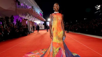 Jodie Turner-Smith dazzled in a kaleidoscopic gown by Christopher John Rogers, on the red carpet for 'Riget Exodus' (The Kingdom Exodus). Getty Images