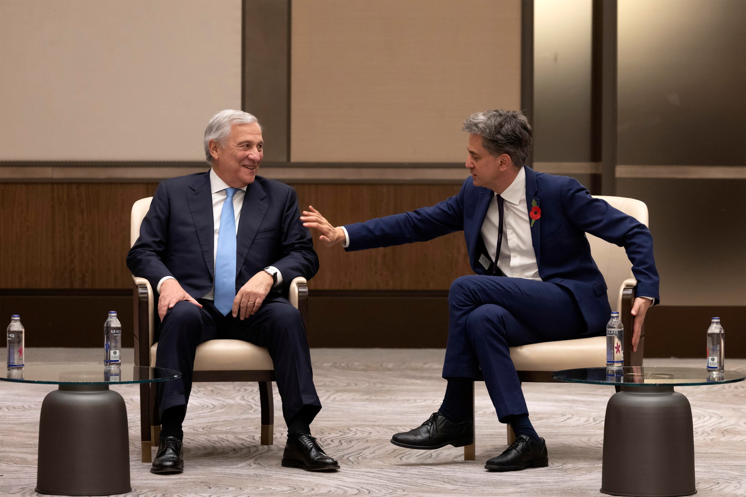 Antonio Tajani with UK Foreign Secretary Ed Miliband. EPA