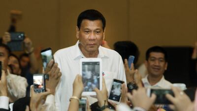Philippine president Rodrigo Duterte, arriving for a meeting with the Filipino community, in Phnom Penh, Cambodia, on December 13, 2016. Heng Sinith/AP Photo