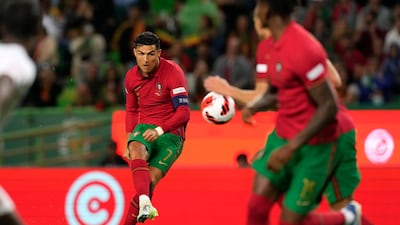 Cristiano Ronaldo takes a shot on goal during the Nations League match between Portugal and Switzerland. AP