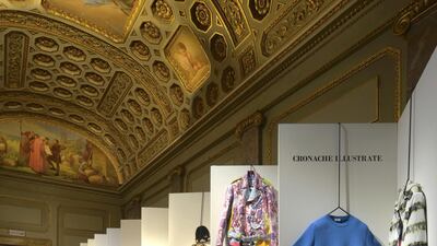 The frescoed ceiling of the Palazzina della Meridiana in Florence, where the exhibition is being held, adds a sense of whimsy to the whole affair. Courtesy Pitti Immagine Uomo