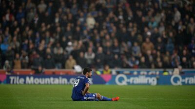Chelsea’s Diego Costa shown on the pitch after getting hurt – a rib injury – in Tuesday’s League Cup loss to Stoke City. Oli Scarff / AFP