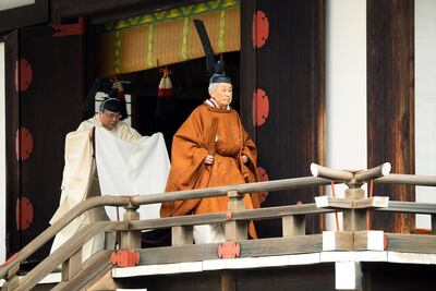 Japanese Emperor Akihito (R) walks after attending a rite of reporting at the Imperial Sanctuary (Kashikodokoro) on the day of the abdication ceremony, at the Imperial Palace in Tokyo, Japan, 30 April 2019. EPA