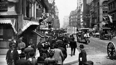 Broadway, north of Cedar Street, in New York, pictured in 1899, the period in which The Golem and the Djinni is set. Both titular characters face a struggle to survive in the city. Buyenlarge / Getty Images