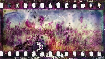 Gideon Mendel: Original Image: Rally welcoming SWAPO leader Sam Nujoma on the day that he returned to Namibia after thirty years’ exile. September 1989. Scanned and reframed after accidental water and mould damage in 2016. From the series:Damage: A Testament of Faded Memory, 2016 © GideonMendel, Prix Pictet