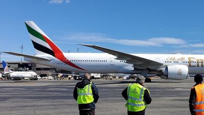 An Emirates outstation team at Newark says farewell to the last passenger flight to leave New York for Dubai ahead of the UAE flight suspension.
