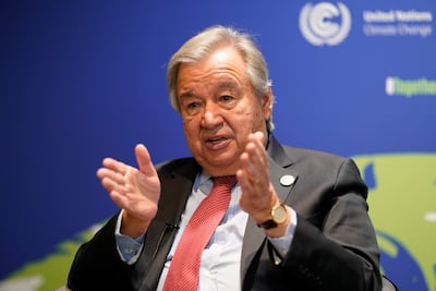 UN Secretary General Antonio Guterres at Cop26. AP Photo