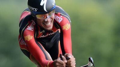 Alberto Contador, here pictured during the men's elite time trial at the UCI Road World Championships on September 19, 2012 in Valkenburg, was one of several professional cyclists to take part in the opening of Dubai's new cycling track, nickhamed the 'lollipop'.