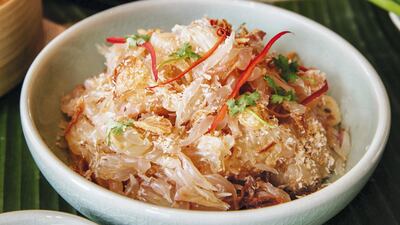 Pomelo salad at Thai Kitchen: this salad combines the sweet flavour of fresh and juicy pomelo with a sweet-sour tamarind sauce, and crispy coconut and fried onion for a bit of crunch 