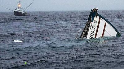 One of Mark Schneider's cats clings on to the bow of his stricken tuna boat, 80 miles off shore, before jumping in and swimming to safety. Mark Schneider / AP Photo