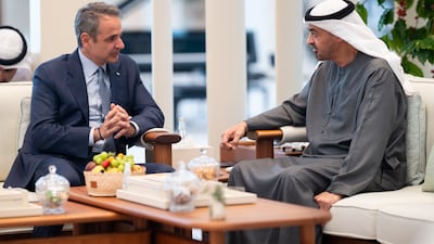 President Sheikh Mohamed received a phone call on Tuesday evening from Greek Prime Minister Kyriakos. They are pictured here during a previous meeting. UAE Presidential Court