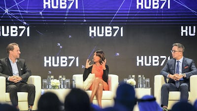 Panelists at the launch of Hub71 include; from left, Magnus Olssen, Chief Experience Officer and Founder of Careem, Ambareen Musa, CEO and Founder of souqalmal.com, and George Huang, President of International Business Group SenseTime. Khushnum Bhandari for The National
