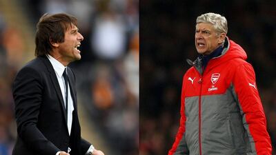 Antonio Conte, left, is the 10th manager Arsene Wenger has faced since Roman Abramovich bought Chelsea in 2003. Ian Walton / Getty Images