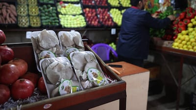 A Syrian vendor displays the mushrooms at his small shop in the town of Binnish in Syria's north-western Idlib province.