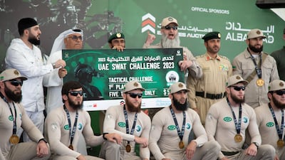 The Chechen team celebrates a first-class performance at 2023 UAE Swat Challenge. Dubai Police.