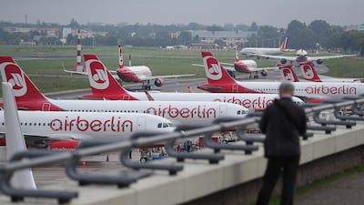 Airberlin jets at Tegel airport in Berlin, German. The carrier filed for insolvency after Etihad Airways exited following its withdrawal from Alitalia in May. Krisztian Bocsi / Bloomberg