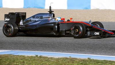 McLaren driver Fernando Alonso wheels around the track during testing at Jerez, Spain on Sunday during the 2015 Formula One pre-season. Jorge Zapata / EPA