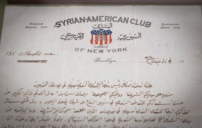 A letter from the Syrian-American Club of New York, part of an exhibition on Little Syria shown at the Ellis Island National Museum of Immigration in 2016-17. AFP