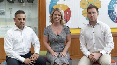 Robert Welsh, founder of Teacher Socials, pictured with members Andrea Higgins and Sean Gavin, believes teachers need more support from their schools to cope with the daily demands of their jobs. Antonie Robertson / The National