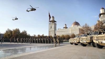 Members of the Jordanian Armed Forces participate in a ceremony held to rename the Rapid Intervention Brigade as the Sheikh Mohamed bin Zayed's Rapid Intervention Brigade, at Al Husseiniya Palace. Essa Al Hammadi for the Ministry of Presidential Affairs