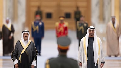 He was received by Sheikh Mohamed and Sheikh Mansour on his arrival. Abdulla Al Neyadi / UAE Presidential Court