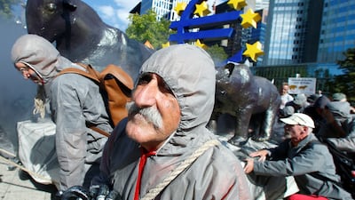 Anti-globalisation protesters demonstrating outside the Frankfurt Stock Exchange on the 10th anniversary of the 2008 financial crisis. Reuters