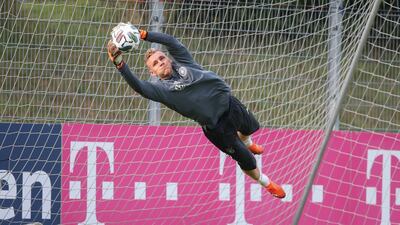 Bernd Leno makes a save during a training session at ADM-Sportpark ahead of Germany's Uefa Nations League group stage match against Spain. Getty Images